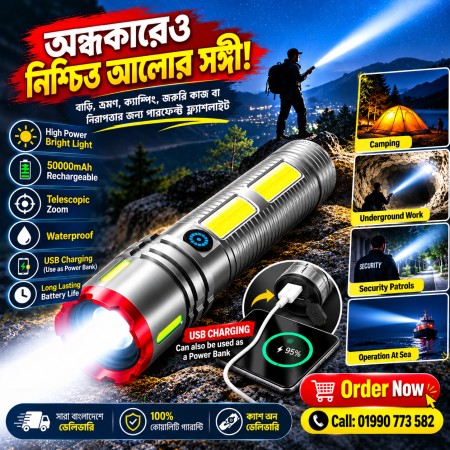 Powerful Rechargeable LED Flashlight – Zoom & USB Power Bank