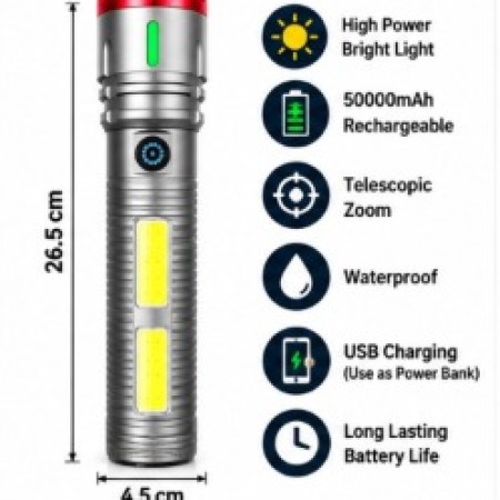 Powerful Rechargeable LED Flashlight – Zoom & USB Power Bank